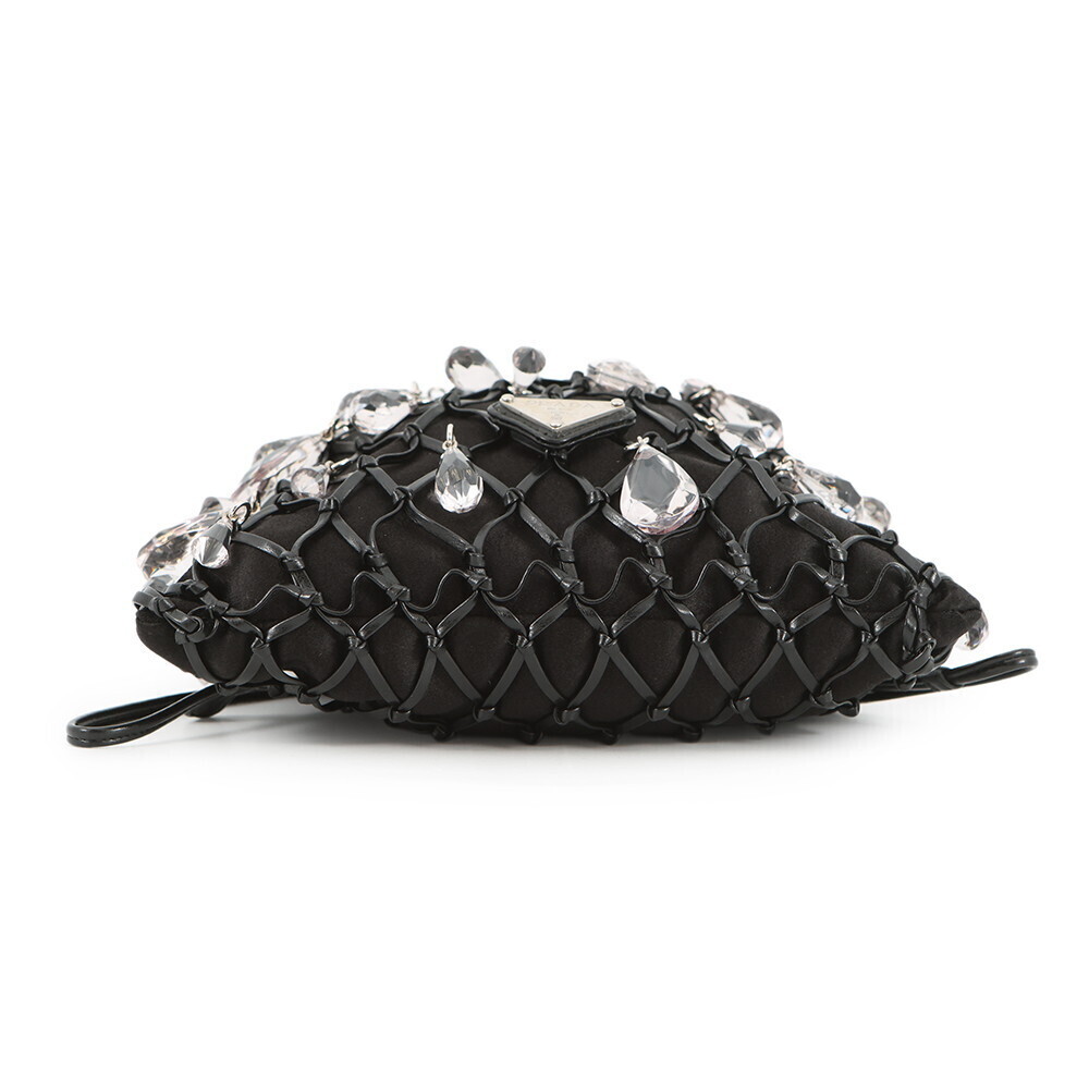 Prada Chain Shoulder Bag Bejeweled Drawstring Satin Black - Picture 3 of 12